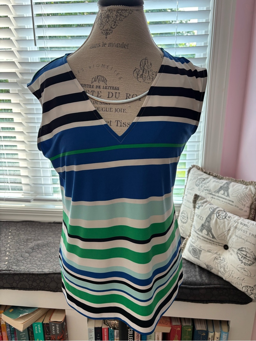 Calvin Klein Blue, Green, White and Black Striped V-Neck Camisole